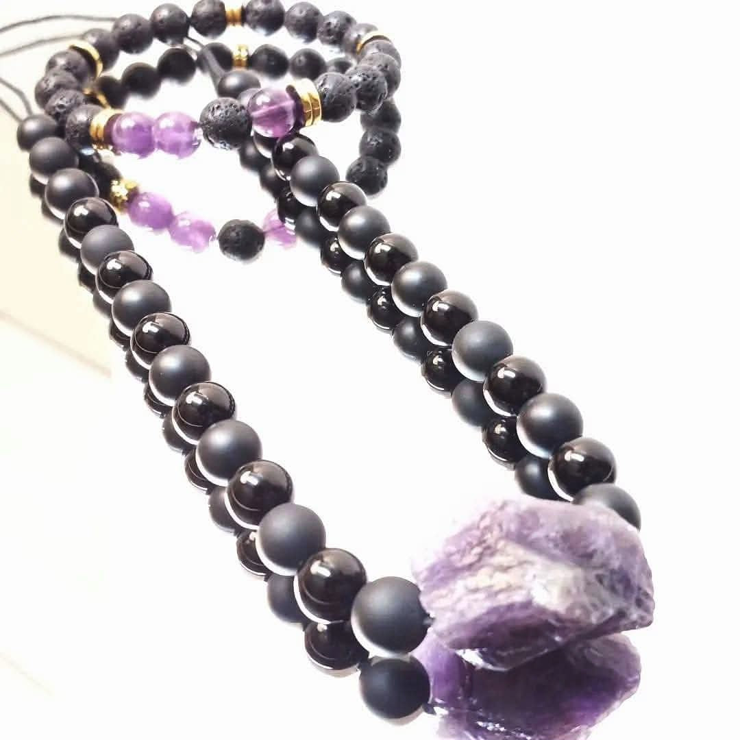 Natural Amethyst + Black Onyx Necklace/Bracelet Set