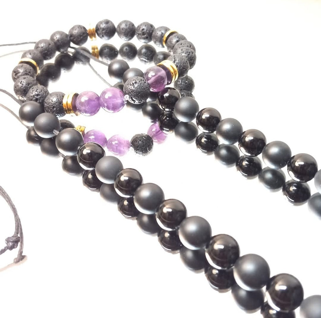 Natural Amethyst + Black Onyx Necklace/Bracelet Set